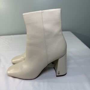 Sam Edelman Codie Ivory Leather Square Toe Block Heel Ankle Boots Size 7.5M 38